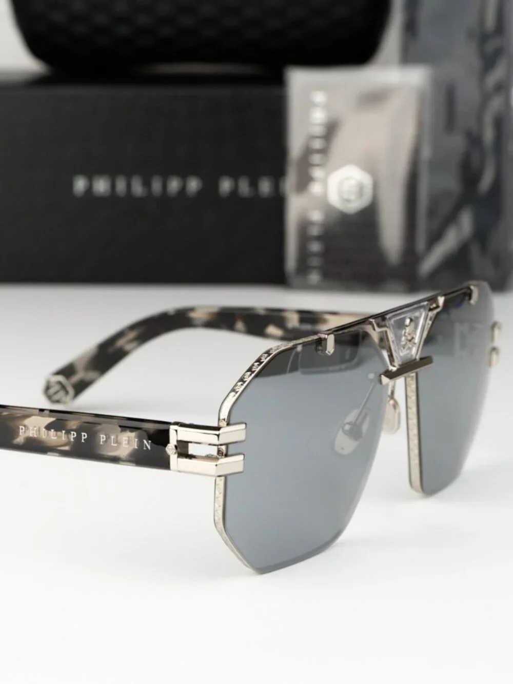 Philipp Plein Men Sunglasses Palladium Grey Silver Mirror Pilot SPP077V 523X NEW